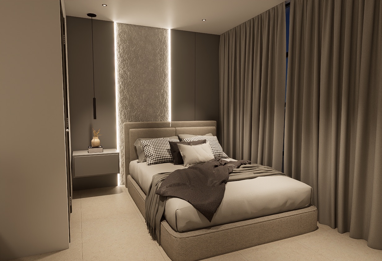 Rendering of a Project Atlas bedroom with floor-to-ceiling curtains and indirect lighting behind the headboard.