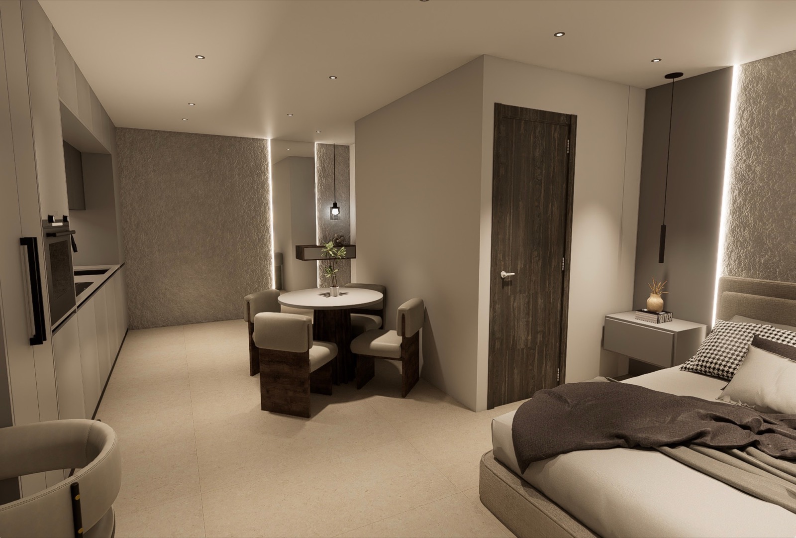 Rendering of a Project Atlas suite: double bed, round dining table and open kitchen, with warm indirect lighting.